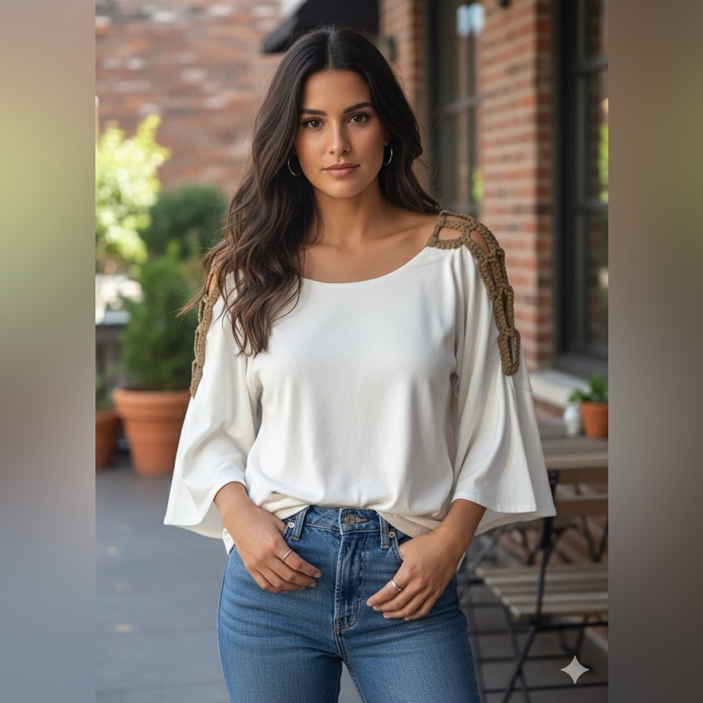 SKY Cream Colored Braided/Batwing Sleeve Top Women’s Small NWT